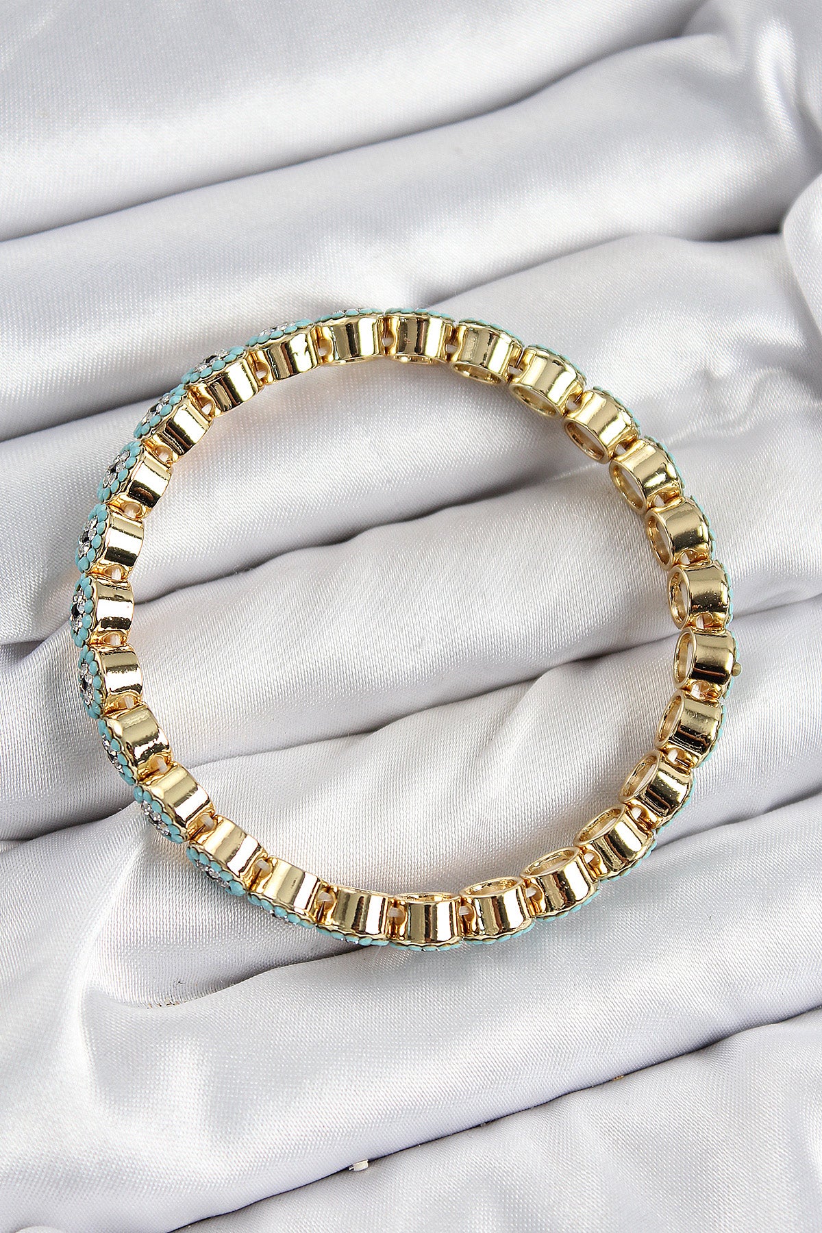 Pirinç Zirkon Taşlı Turkuaz Nazar Model Gold Renk Lastikli Kadın Bileklik - BB7496