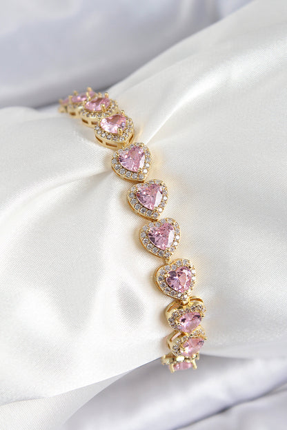 Pirinç Zirkon Taşlı Pembe Kalp Baget Model Gold Renk VIP Seri Kadın Bileklik - BB7502