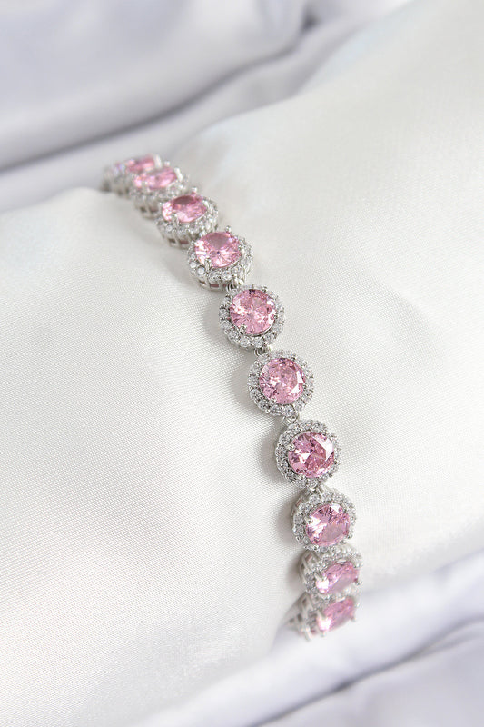 BB7511 - Pirinç Pembe Zirkon Taşlı Daire Baget Model Gümüş Renk VIP Seri Kadın Bileklik