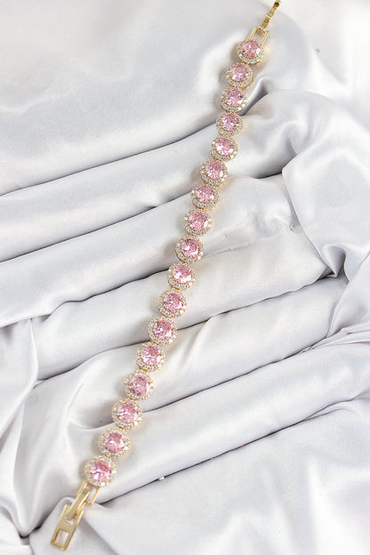Pirinç Pembe Zirkon Taşlı Daire Baget Model Gold Renk VIP Seri Kadın Bileklik - BB7512