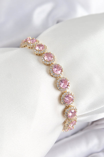 Pirinç Pembe Zirkon Taşlı Daire Baget Model Gold Renk VIP Seri Kadın Bileklik - BB7512