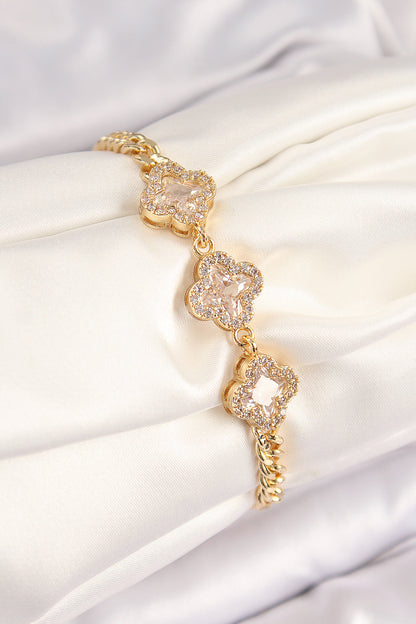 BB7545 - Pirinç Zirkon Taşlı Yonca Model Gold Renk Kadın Bileklik