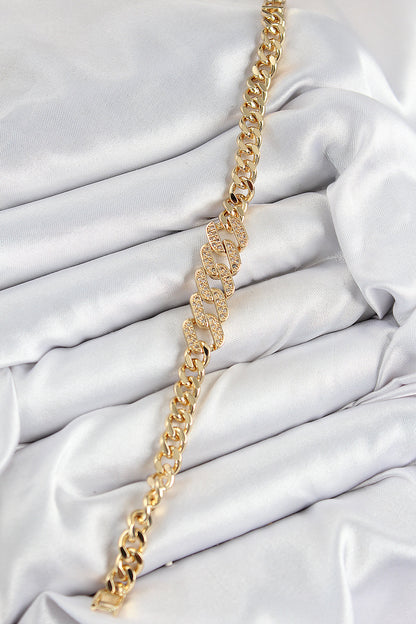 BB7549 - Pirinç Zirkon Taşlı Ezme Küba Zincir Model Gold Renk Kadın Bileklik