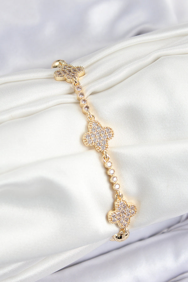 BB7561 - Pirinç Zirkon Taşlı Yonca Model Gold Renk Kadın Bileklik