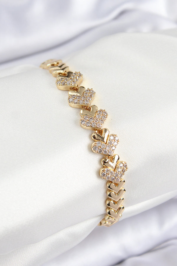 BB7562 - Pirinç Zirkon Taşlı Kalp Model Gold Renk Kadın Bileklik