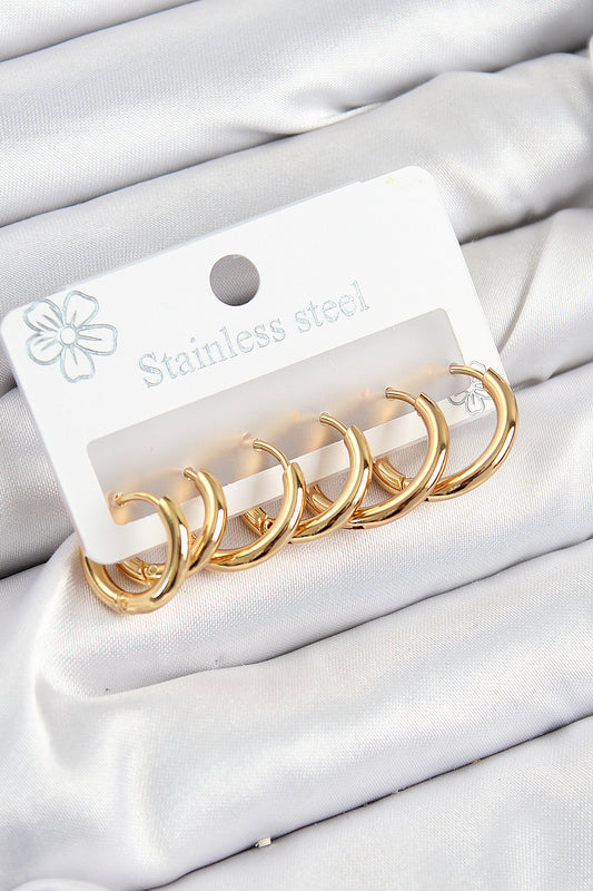 316L Çelik Halka Model Gold Renk 3'lü Set Kadın Küpe - BKP10983