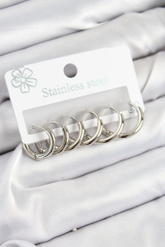 BKP10984 - 316L Çelik Halka Model Gümüş Renk 3'lü Set Kadın Küpe