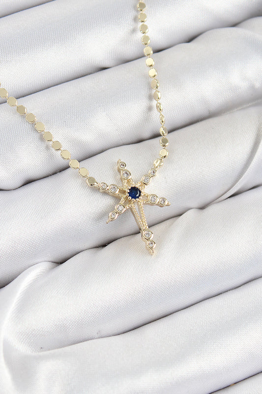 BKO10388 - Pirinç Zirkon Taşlı Kutup Yıldızı Model Ezme Zincir Gold Renk Kadın Kolye