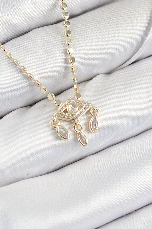 BKO10389 - Pirinç Zirkon Taşlı Sallantılı Göz Model Ezme Zincir Gold Renk Kadın Kolye