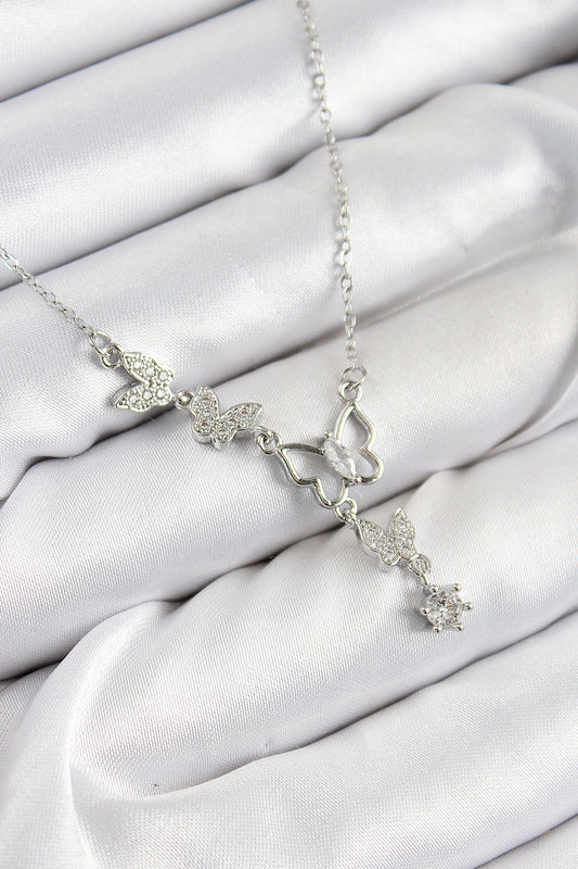 BKO10404 - 316L Çelik Zirkon Taşlı Kelebek Model Gümüş Renk Kadın Kolye