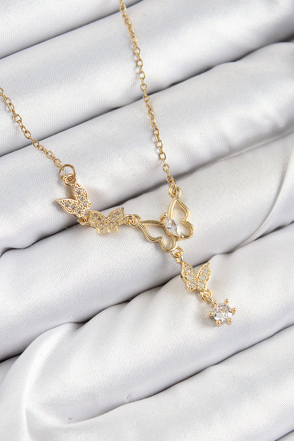 BKO10405 - 316L Çelik Zirkon Taşlı Kelebek Model Gold Renk Kadın Kolye