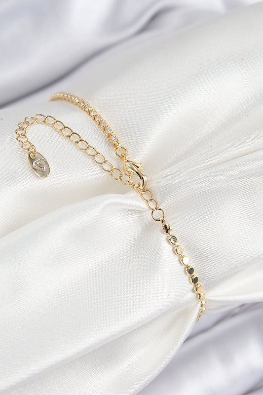 BB7583 - Pirinç Zirkon Taşlı Nazar Model Ezme Zincir Gold Renk Kadın Bileklik