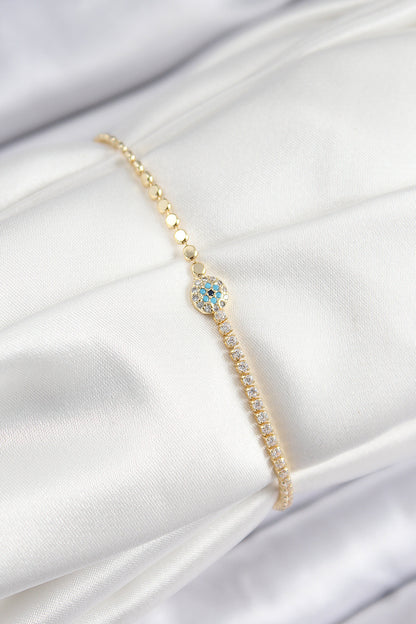 BB7583 - Pirinç Zirkon Taşlı Nazar Model Ezme Zincir Gold Renk Kadın Bileklik