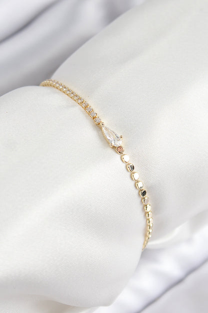 BB7589 - Pirinç Zirkon Taşlı Damla Model Ezme Zincir Gold Renk Kadın Bileklik