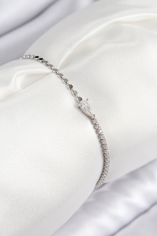 BB7590 - Pirinç Zirkon Taşlı Damla Model Ezme Zincir Gümüş Renk Kadın Bileklik