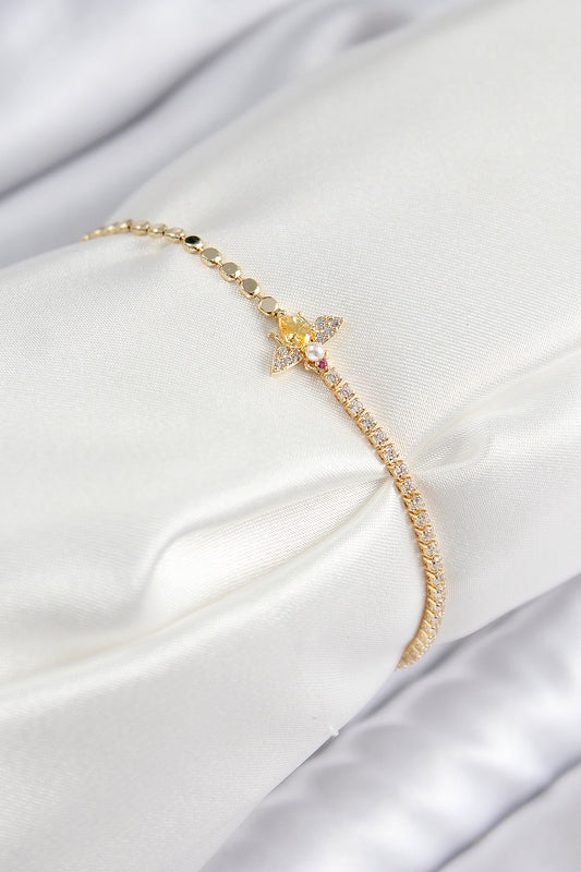 BB7595 - Pirinç Zirkon Taşlı Arı Model Ezme Zincir Gold Renk Kadın Bileklik