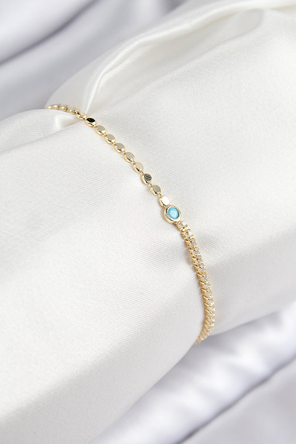 BB7597 - Pirinç Zirkon Taşlı Boncuk Model Ezme Zincir Gold Renk Kadın Bileklik