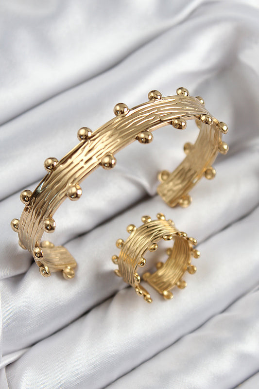 BB7602 - Pirinç Topcuk Model Gold Renk Bileklik Yüzük Set
