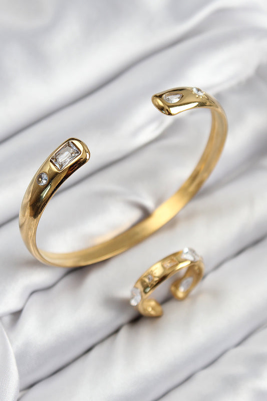 BB7605 - Pirinç Zirkon Taşlı Ayrık Model Gold Renk Bileklik Yüzük Set