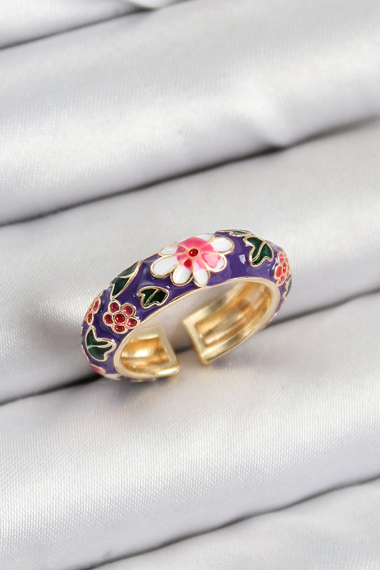 BYK3803 - Pirinç Mor Mineli Çiçek Motifli Gold Renk Ayarlanabilir Kadın Yüzük