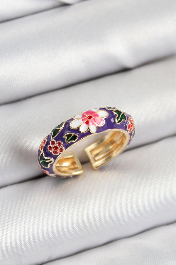 BYK3803 - Pirinç Mor Mineli Çiçek Motifli Gold Renk Ayarlanabilir Kadın Yüzük
