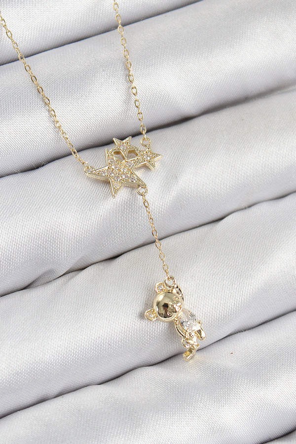 BKO10418 - Pirinç Zirkon Taşlı Sallantılı Ayıcıklı Yıldız Model Gold Renk Kadın Kolye