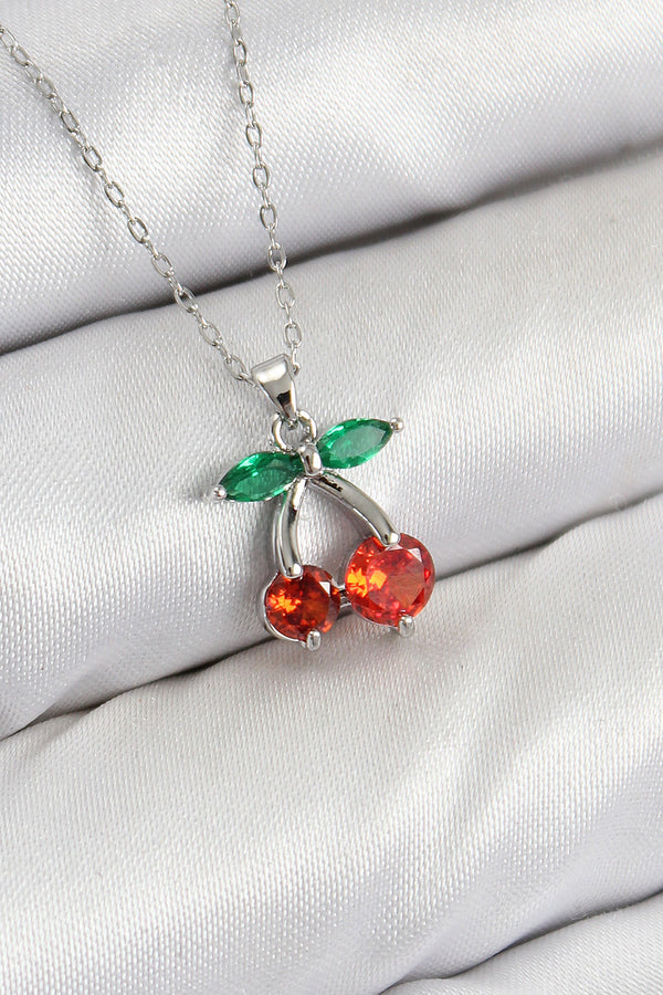 BKO10421 - Pirinç Zirkon Taşlı Kiraz Model Gümüş Renk Kadın Kolye