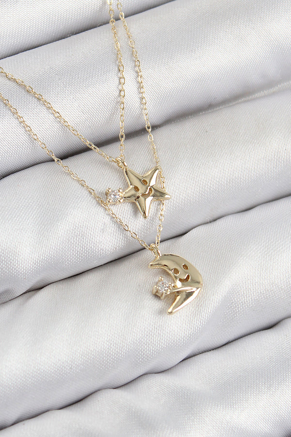 BKO10422 - Pirinç Zirkon Taşlı Yıldız Ve Ay Model Gold Renk Kadın Kolye