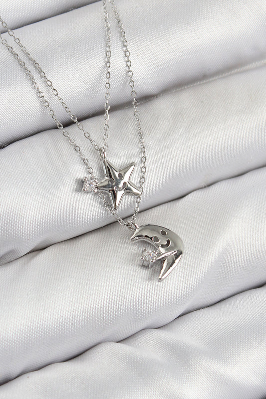 BKO10423 - Pirinç Zirkon Taşlı Yıldız Ve Ay Model Gümüş Renk Kadın Kolye