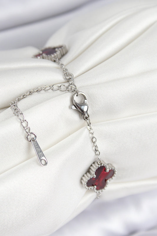 BB7665 - 316L Çelik Sedefli Kırmızı Gümüş Renk Yonca Kadın Bileklik