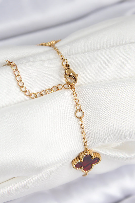 BB7666 - 316L Çelik Sedefli Kırmızı Gold Renk Yonca Kadın Bileklik