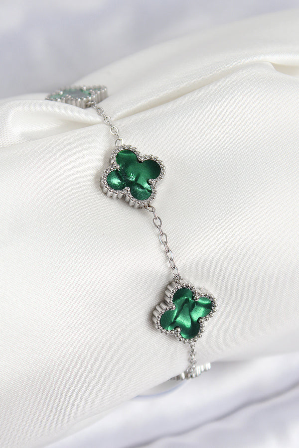 BB7672 - 316L Çelik Sedefli Zümrüt Yeşil Gümüş Renk Yonca Kadın Bileklik