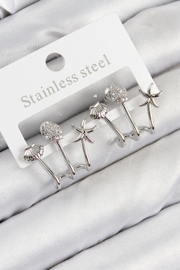 BKP11104 - Pirinç Zirkon Taşlı Deniz Yıldızı ve İstiridye Model Gümüş Renk Kadın Küpe