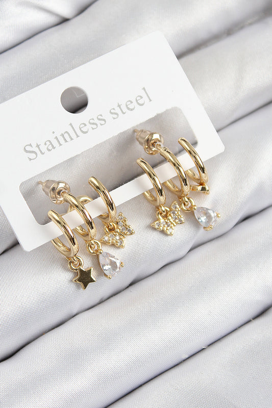 BKP11108 - Pirinç Zirkon Taşlı Yıldız Ve Kelebek Model Gold Renk Kadın Küpe