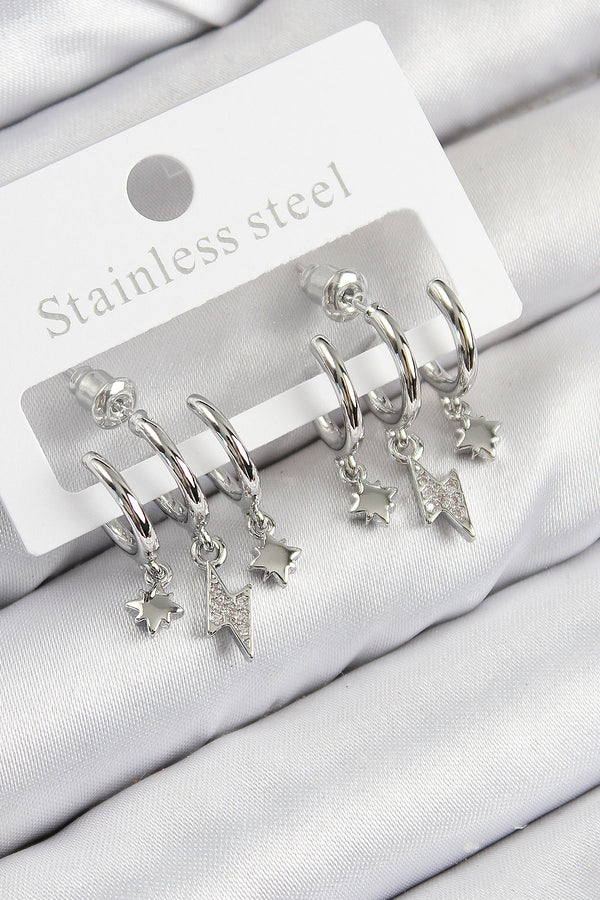 BKP11109 - Pirinç Zirkon Taşlı Şimşek Model Gümüş Renk Kadın Küpe