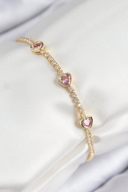 Pirinç Zirkon Taşlı Pembe Kalp Model Gold Renk Kadın Bileklik - BB7687