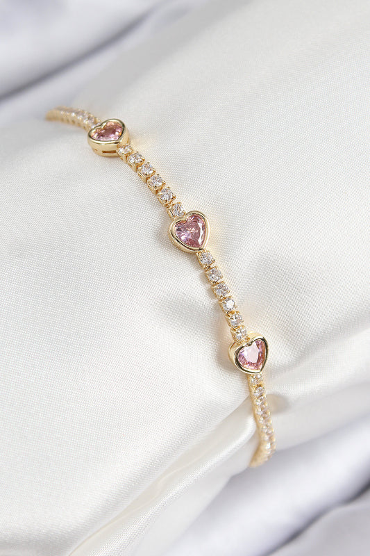 Pirinç Zirkon Taşlı Pembe Kalp Model Gold Renk Kadın Bileklik - BB7687