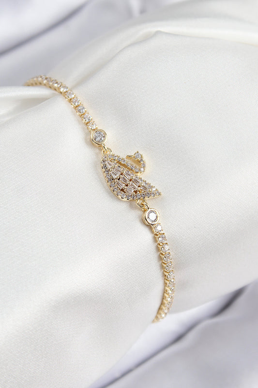 Pirinç Zirkon Taşlı Kuğu Model Gold Renk Kadın Bileklik - BB7691