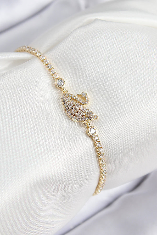 BB7691 - Pirinç Zirkon Taşlı Kuğu Model Gold Renk Kadın Bileklik