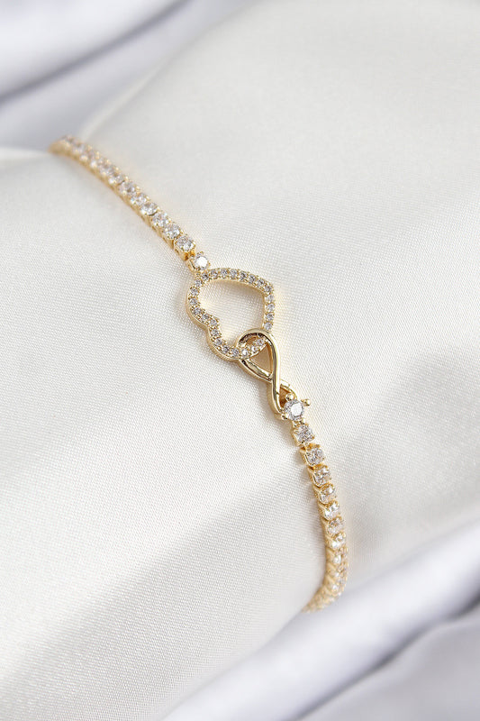 Pirinç Zirkon Taşlı Sonsuzluk Kalp Model Gold Renk Kadın Bileklik - BB7693