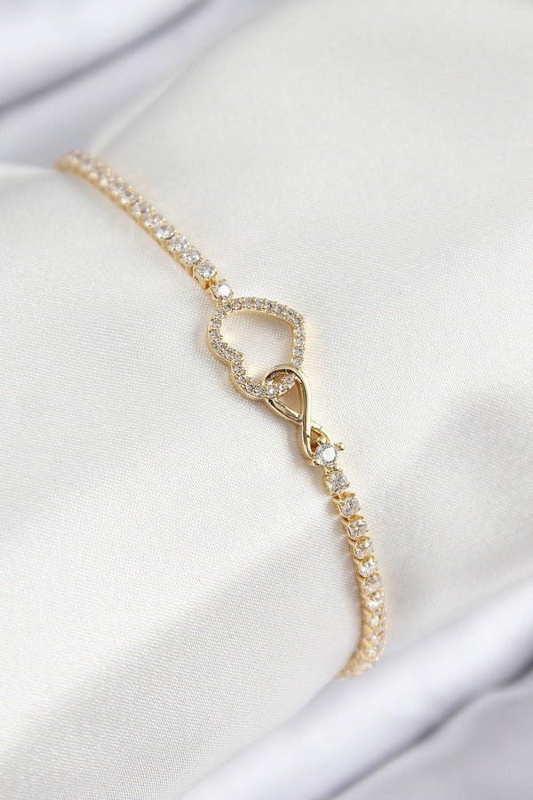 BB7693 - Pirinç Zirkon Taşlı Sonsuzluk Kalp Model Gold Renk Kadın Bileklik