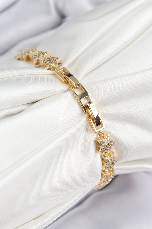 VIP Seri Pirinç Zirkon Taşlı Sıralı Yıldız Model Gold Renk Kadın Bileklik - BB7697