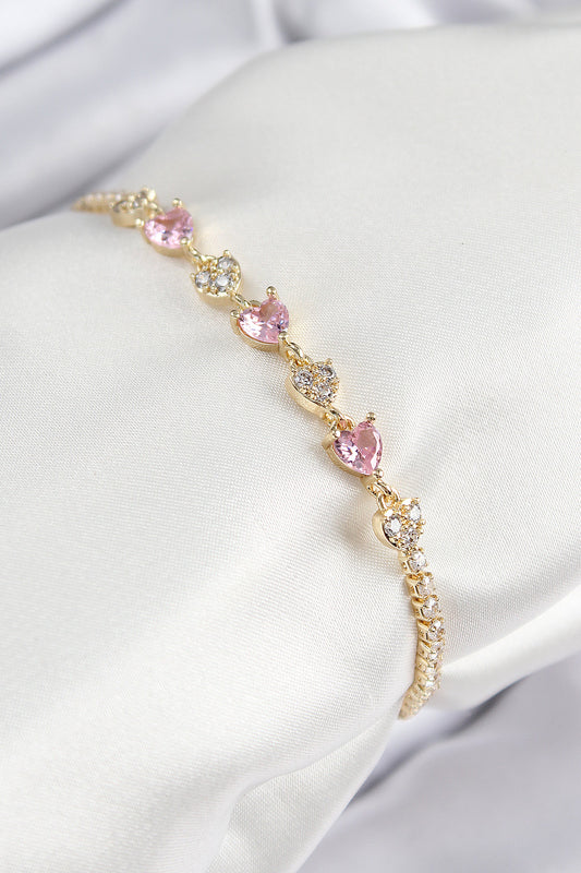 Pirinç Zirkon Taşlı Pembe Kalp Model Gold Renk Kadın Bileklik - BB7699