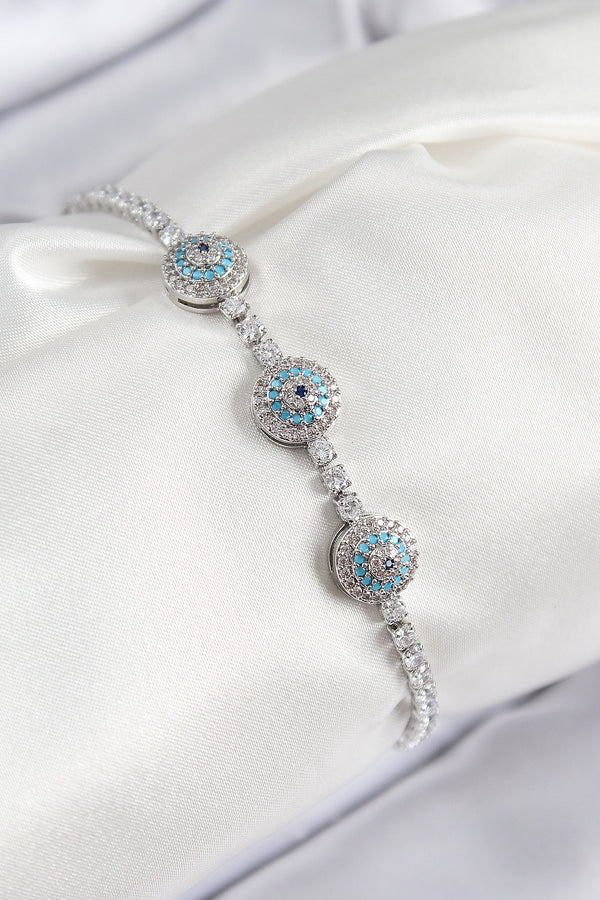 BB7704 - Pirinç Zirkon Taşlı Nazar Model Gümüş Renk Kadın Bileklik