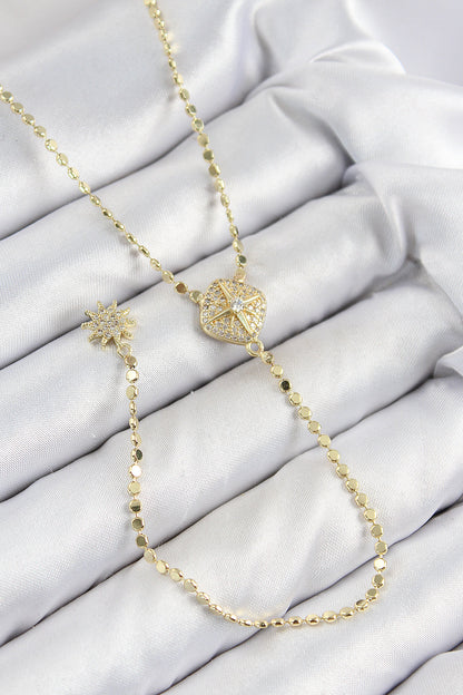Pirinç Zirkon Taşlı Ezme Zincirli Madalyon Model Gold Renk Y Kolye - BKO10471