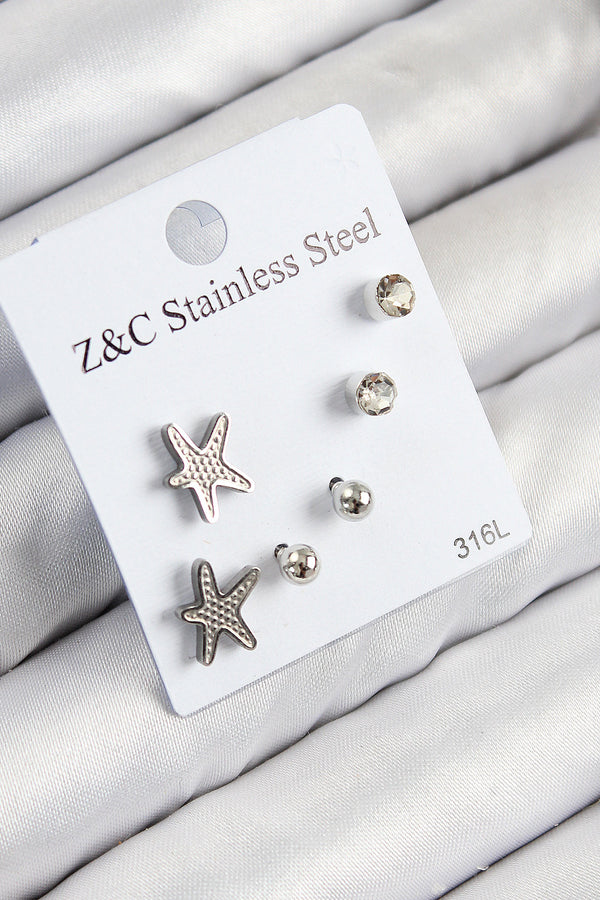 BKP11119 - 316L Çelik Zirkon Taşlı Deniz Yıldızı Model Gümüş Renk Kadın Set Küpe