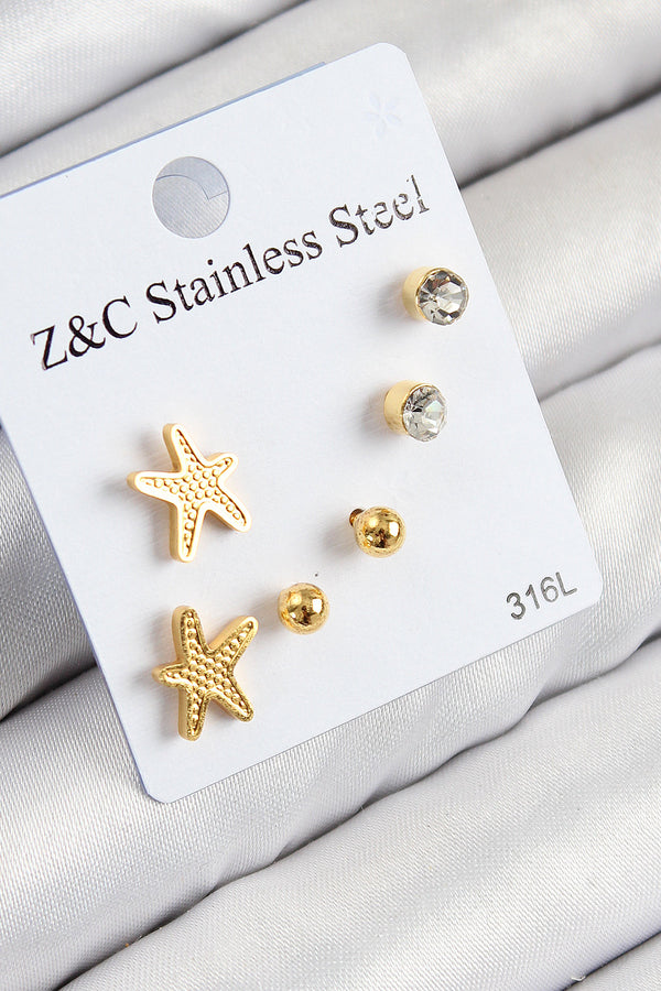 BKP11120 - 316L Çelik Zirkon Taşlı Deniz Yıldızı Model Gümüş Renk Kadın Set Küpe