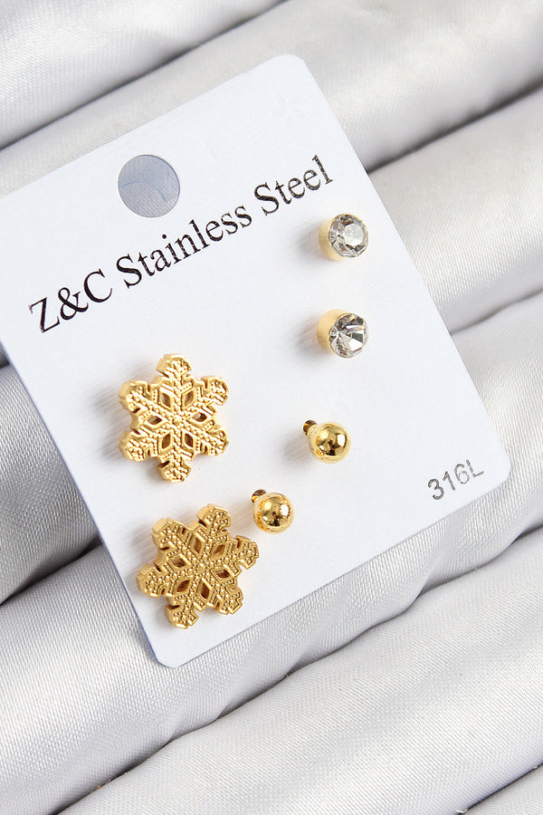 BKP11122 - 316L Çelik Zirkon Taşlı Kar Tanesi Model Gold Renk Kadın Set Küpe