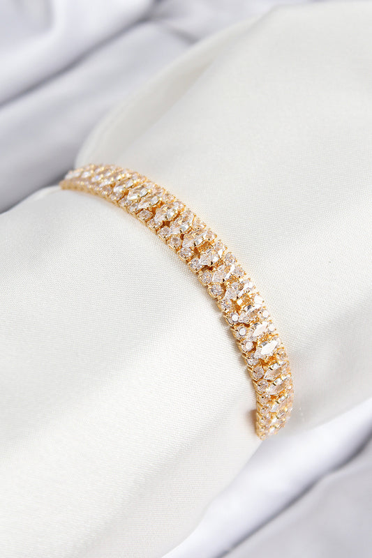 Pirinç Zirkon Taşlı Tennıs Model Gold Renk Asansörlü Kadın Bileklik - BB7717