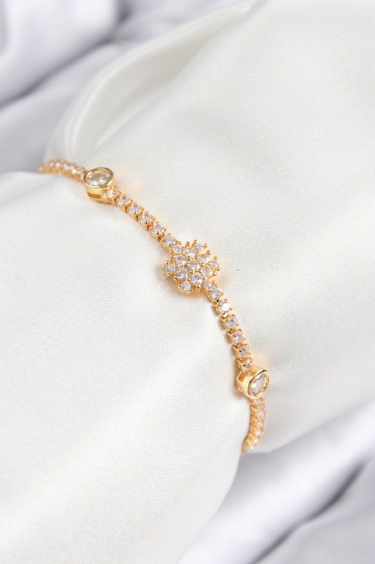 Pirinç Zirkon Taşlı Kar Tanesi Model Gold Renk Asansörlü Kadın Bileklik - BB7723